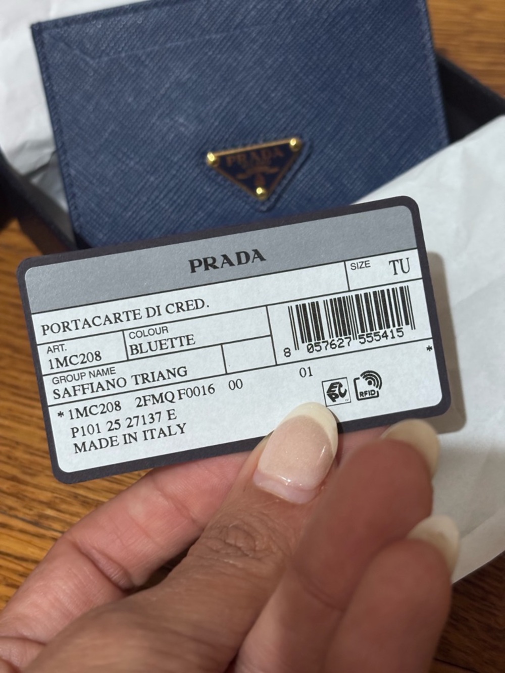 Prada Navy Bluette Saffiano Card Holder Case with Gold Triangle Logo - Picture 5 of 5